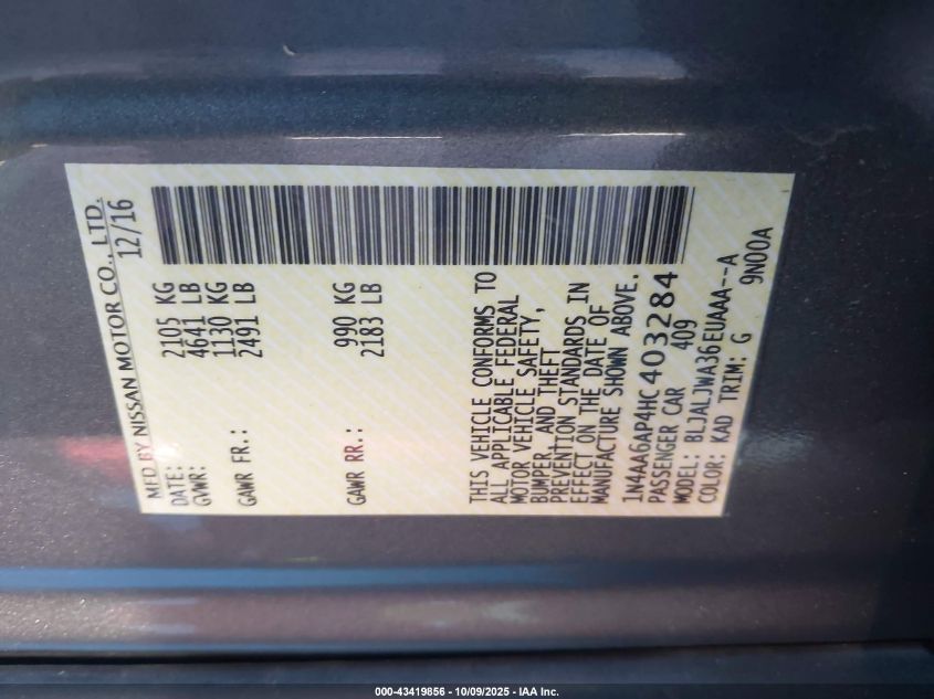 2017 Nissan Maxima 3.5 Sv VIN: 1N4AA6AP4HC403284 Lot: 43419856