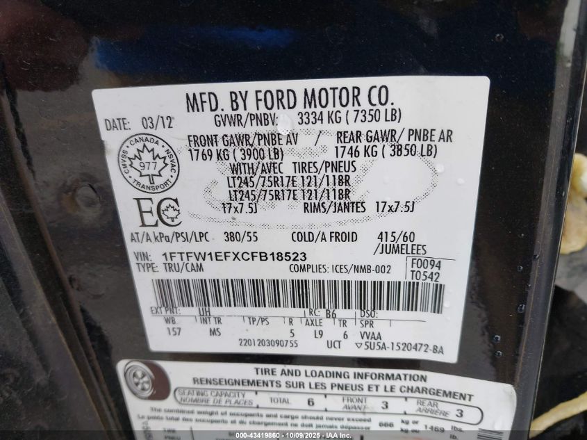 2012 Ford F-150 Xlt VIN: 1FTFW1EFXCFB18523 Lot: 43419860