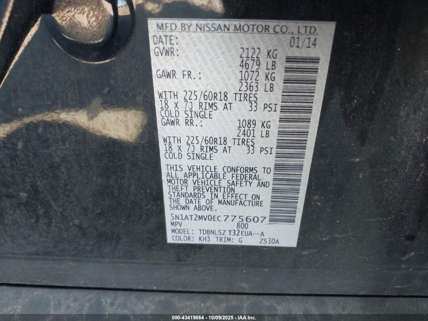 2014 Nissan Rogue Sl VIN: 5N1AT2MV0EC775607 Lot: 43419864