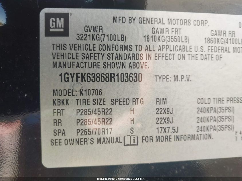 2008 Cadillac Escalade Standard VIN: 1GYFK63868R103630 Lot: 43419869