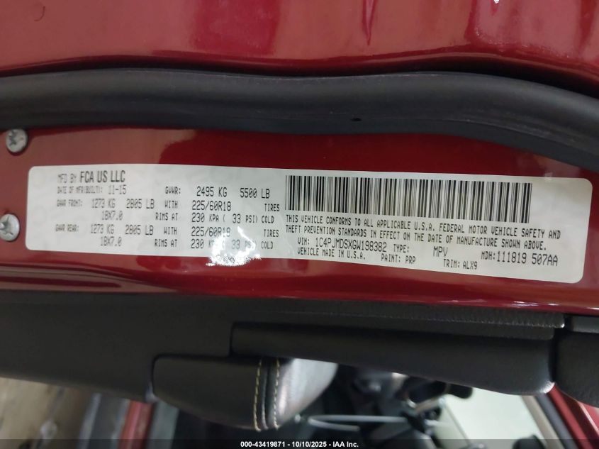 2016 Jeep Cherokee Limited VIN: 1C4PJMDSXGW198382 Lot: 43419871