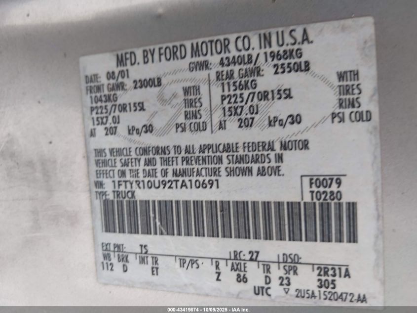 2002 Ford Ranger Edge/Xl/Xlt VIN: 1FTYR10U92TA10691 Lot: 43419874