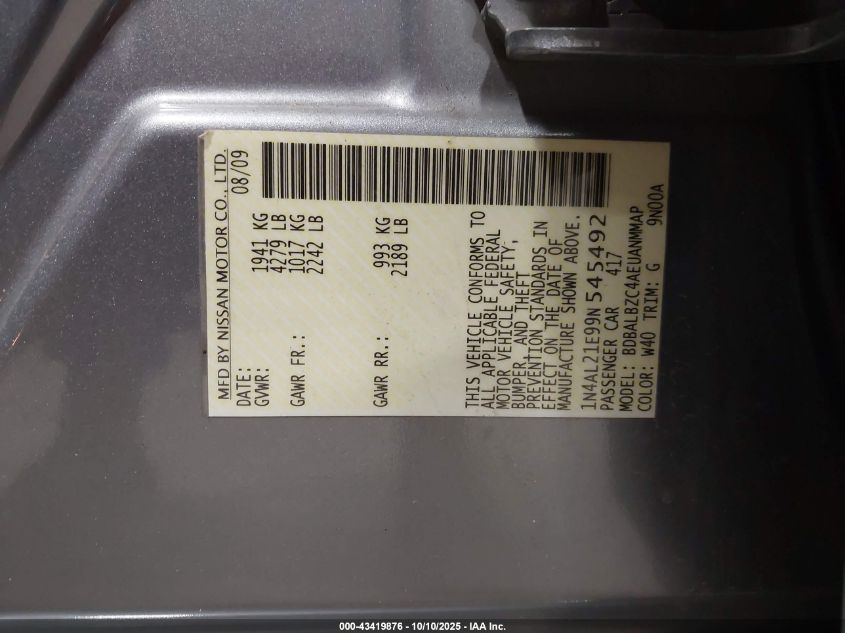 2009 Nissan Altima 2.5 S VIN: 1N4AL21E99N545492 Lot: 43419876