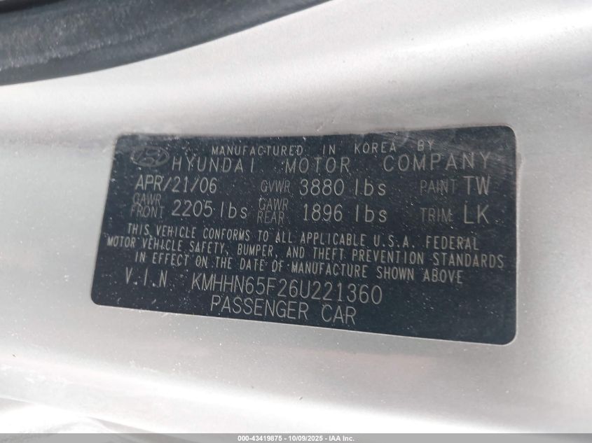 2006 Hyundai Tiburon Gt/Gt Limited/Se VIN: KMHHN65F26U221360 Lot: 43419875