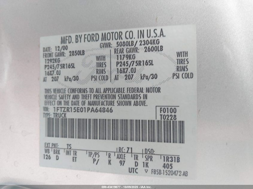 2001 Ford Ranger Edge/Xlt VIN: 1FTZR15E01PA64846 Lot: 43419877