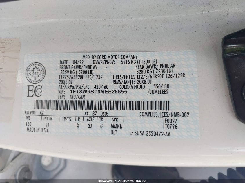 2022 Ford F-350 Limited VIN: 1FT8W3BT0NEE28655 Lot: 43419881