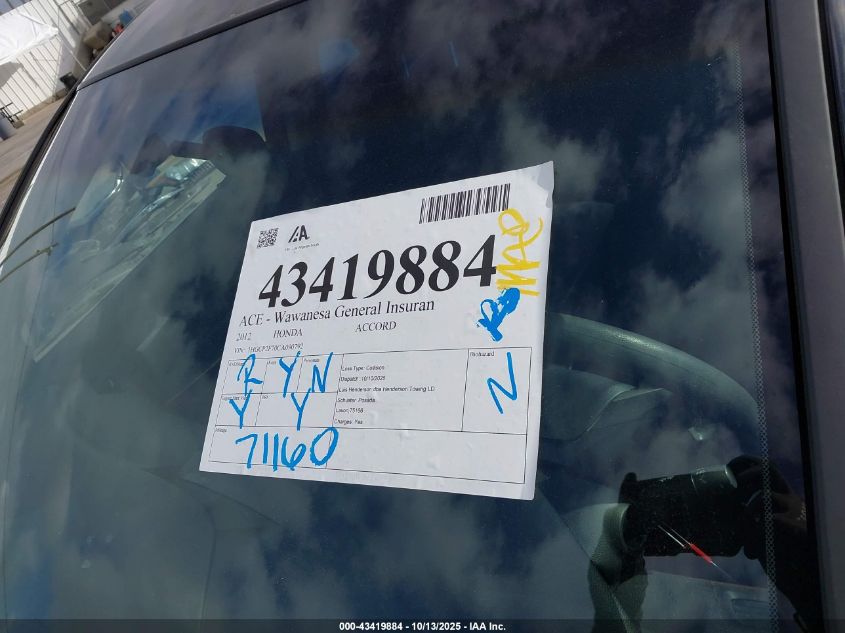 2012 Honda Accord 2.4 Ex VIN: 1HGCP2F70CA090792 Lot: 43419884