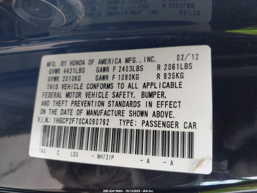 2012 Honda Accord 2.4 Ex VIN: 1HGCP2F70CA090792 Lot: 43419884