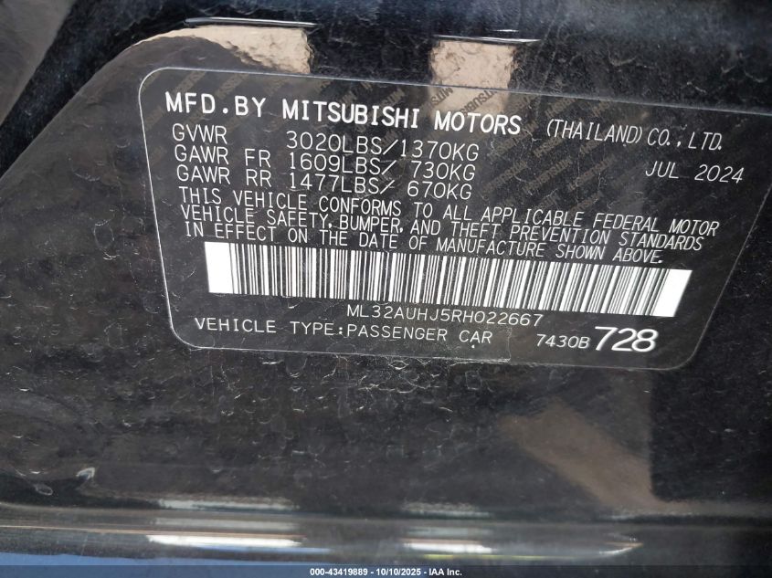 2024 Mitsubishi Mirage Es/Le VIN: ML32AUHJ5RH022667 Lot: 43419889