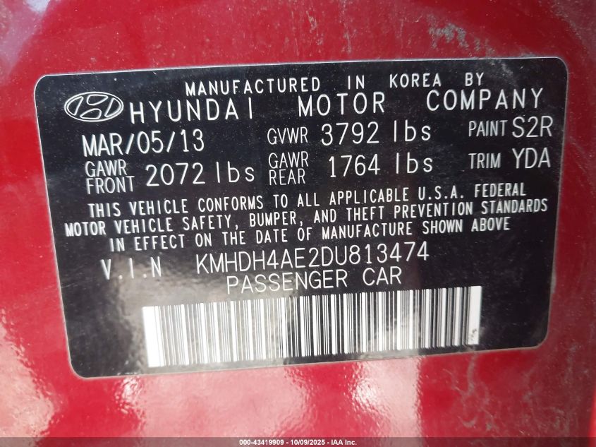 2013 Hyundai Elantra Gls VIN: KMHDH4AE2DU813474 Lot: 43419909