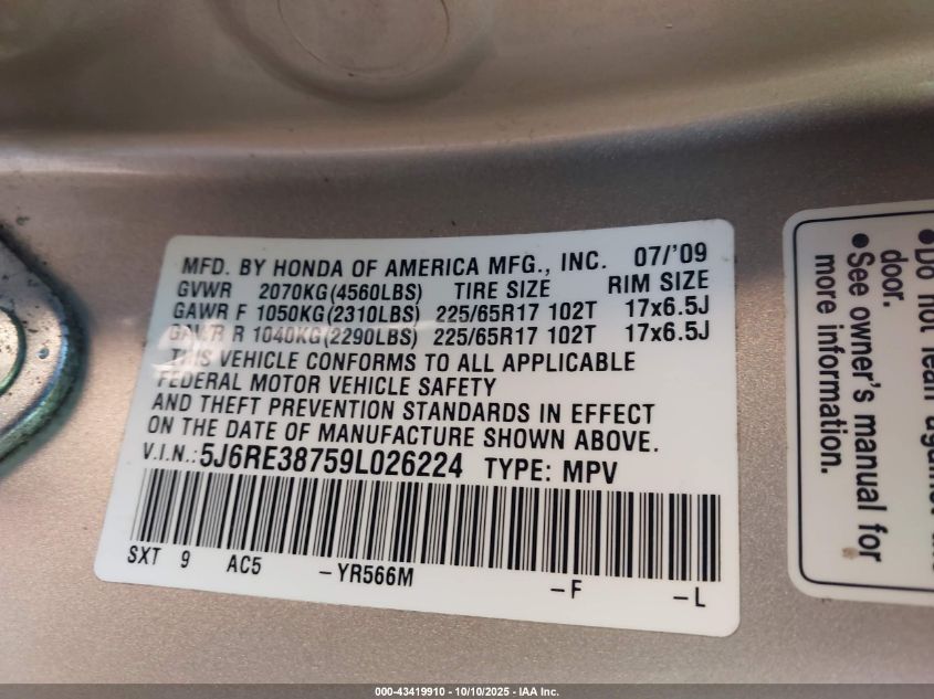 2009 Honda Cr-V Ex-L VIN: 5J6RE38759L026224 Lot: 43419910