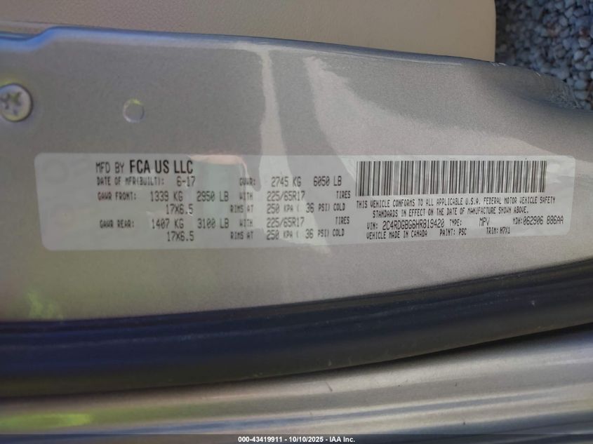 2017 Dodge Grand Caravan Se VIN: 2C4RDGBG6HR819420 Lot: 43419911