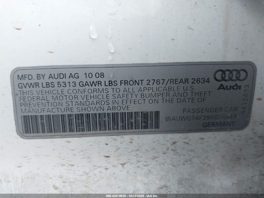 2009 Audi A6 3.0 Premium VIN: WAUWG74F39N016543 Lot: 43419939