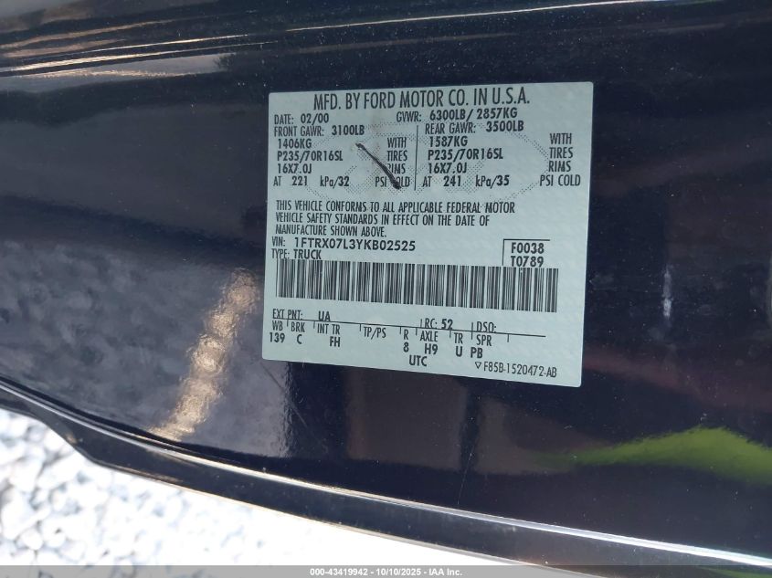 2000 Ford F-150 Lariat/Xl/Xlt VIN: 1FTRX07L3YKB02525 Lot: 43419942