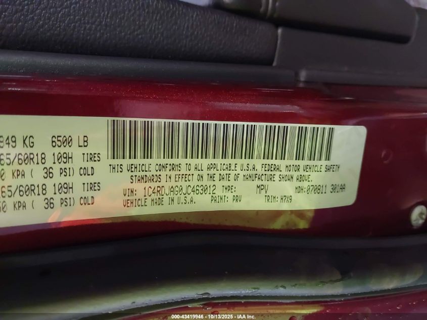 2018 Dodge Durango Sxt Awd VIN: 1C4RDJAG0JC463012 Lot: 43419946