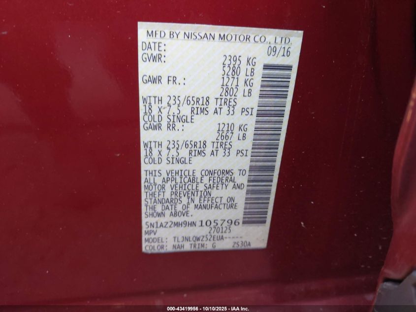 2017 Nissan Murano Platinum/S/Sl/Sv VIN: 5N1AZ2MH9HN105796 Lot: 43419956