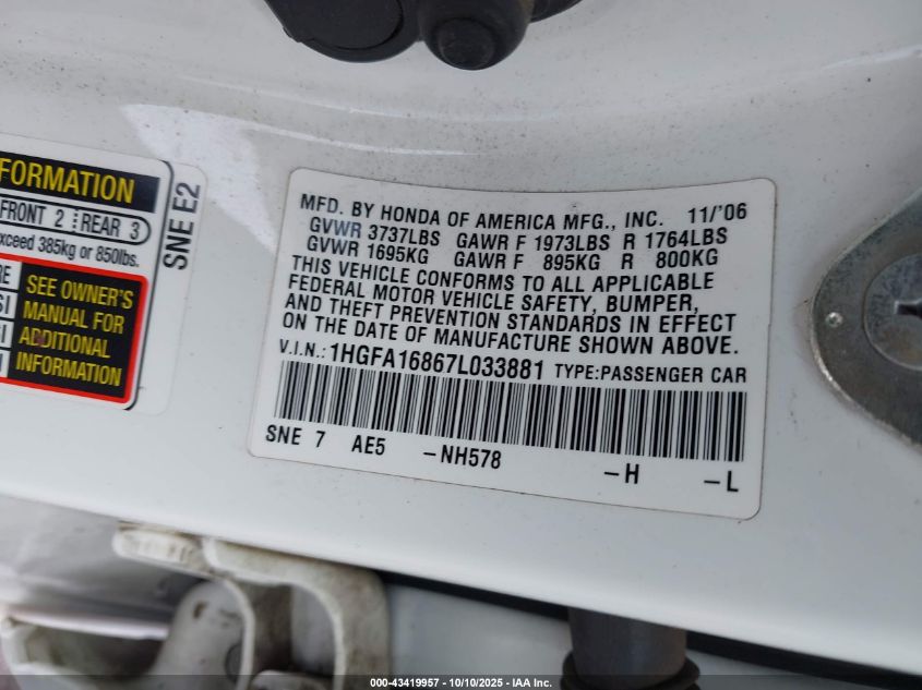 2007 Honda Civic Ex VIN: 1HGFA16867L033881 Lot: 43419957