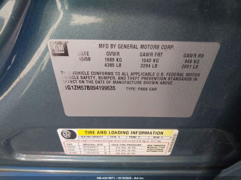 2009 Chevrolet Malibu Lt VIN: 1G1ZH57B094199635 Lot: 43419971