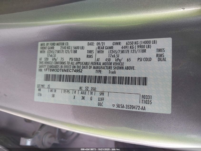 2022 Ford F-350 Lariat VIN: 1FT8W3DT6NEC74952 Lot: 43419973