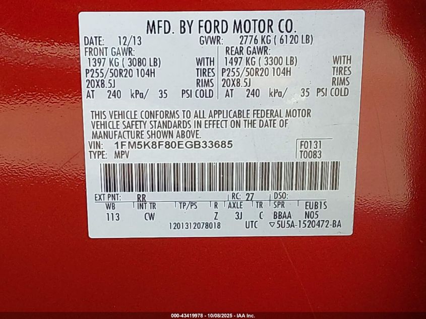 2014 Ford Explorer Limited VIN: 1FM5K8F80EGB33685 Lot: 43419978