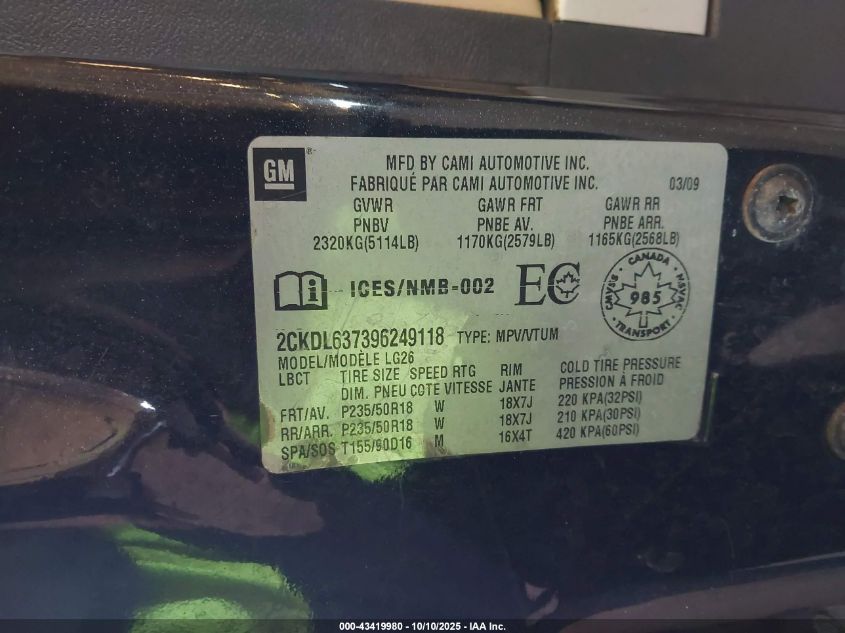 2009 Pontiac Torrent Gxp VIN: 2CKDL637396249118 Lot: 43419980