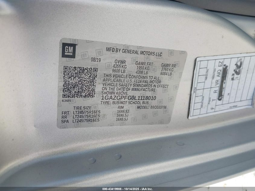 2020 Chevrolet Express Passenger Rwd 3500 Extended Wheelbase Lt VIN: 1GAZGPFG0L1118010 Lot: 43419986