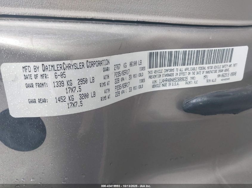 2005 Jeep Grand Cherokee Laredo VIN: 1J4HR48N05C689635 Lot: 43419993