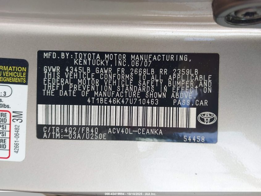 2007 Toyota Camry Le VIN: 4T1BE46K47U710463 Lot: 43419994