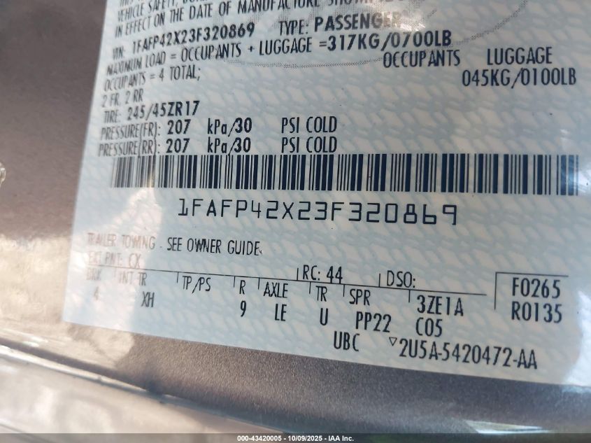 2003 Ford Mustang Gt VIN: 1FAFP42X23F320869 Lot: 43420005