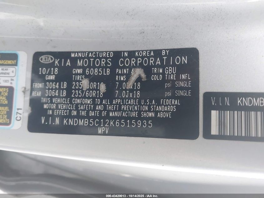 2019 Kia Sedona Ex VIN: KNDMB5C12K6515935 Lot: 43420013