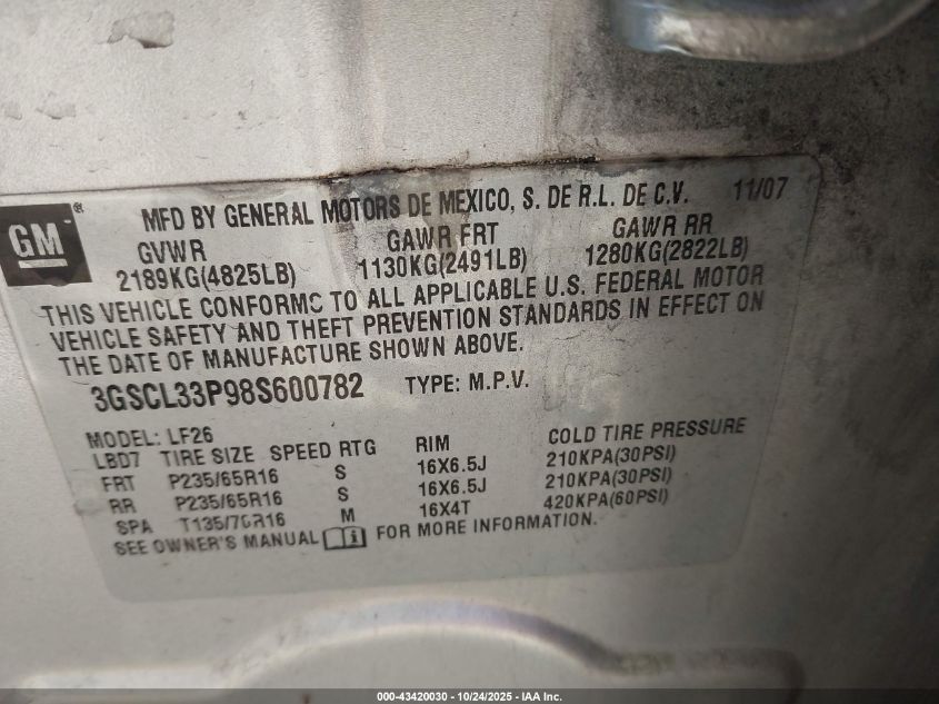 2008 Saturn Vue 4-Cyl Xe VIN: 3GSCL33P98S600782 Lot: 43420030