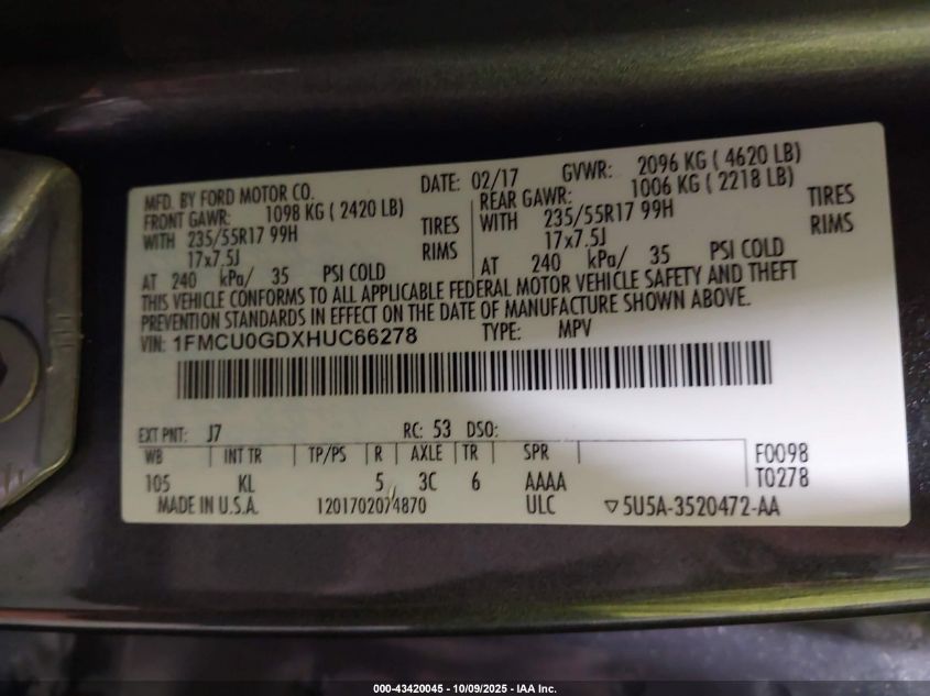 2017 Ford Escape Se VIN: 1FMCU0GDXHUC66278 Lot: 43420045