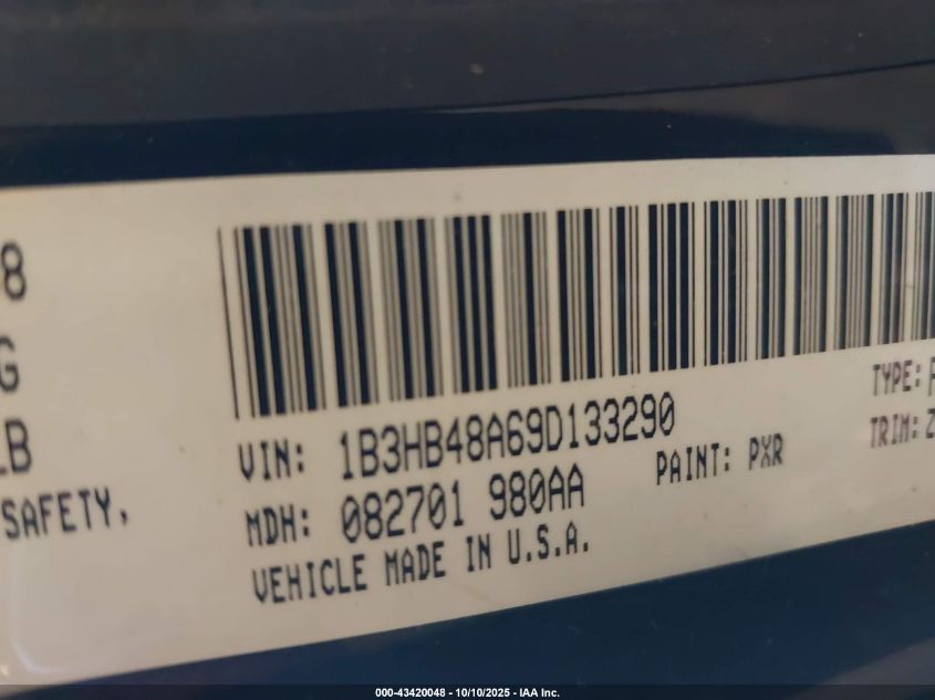 2009 Dodge Caliber Sxt VIN: 1B3HB48A69D133290 Lot: 43420048