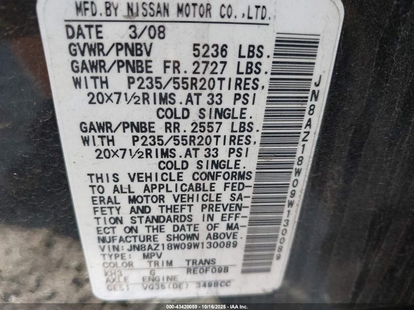 2009 Nissan Murano S/Sl/Le VIN: JN8AZ18W09W130089 Lot: 43420059