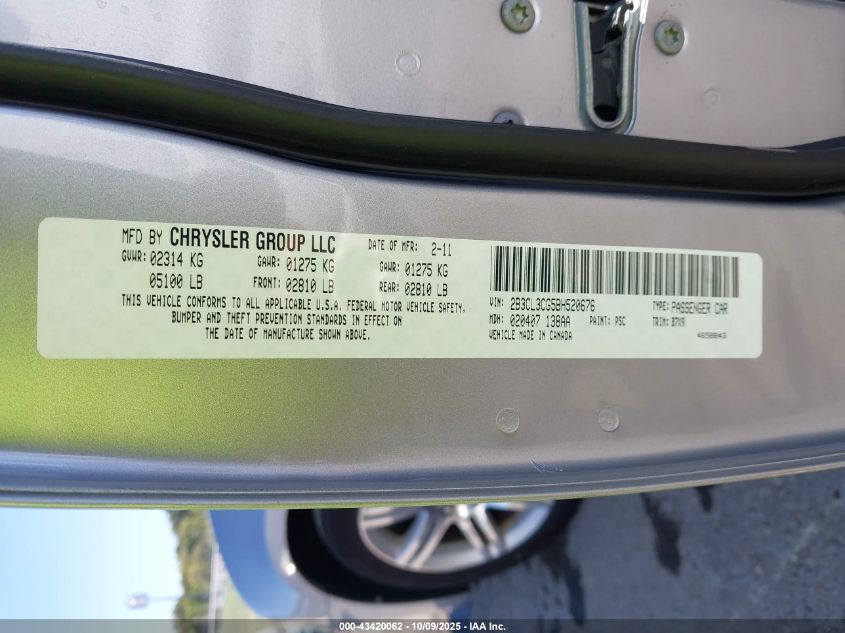 2011 Dodge Charger VIN: 2B3CL3CG5BH520676 Lot: 43420062