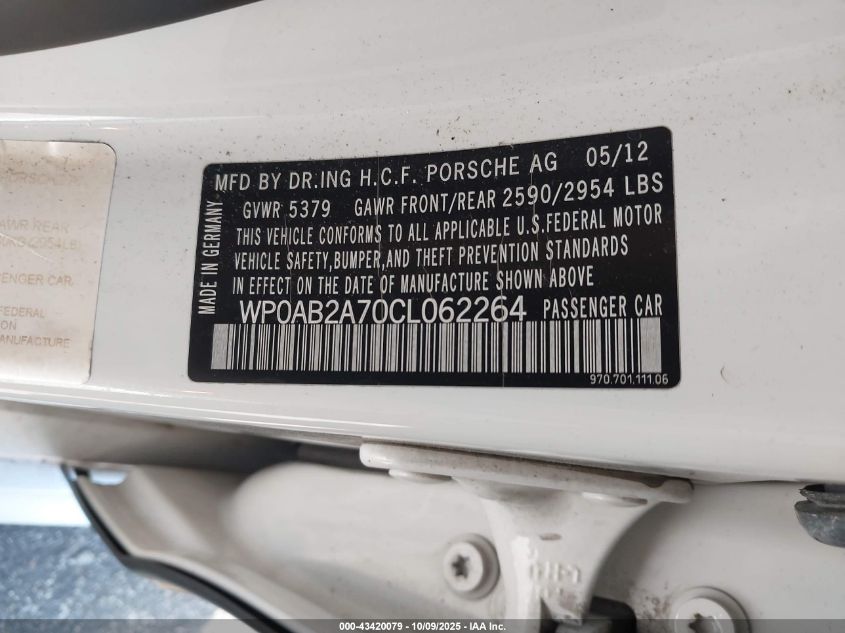 2012 Porsche Panamera 4S VIN: WP0AB2A70CL062264 Lot: 43420079