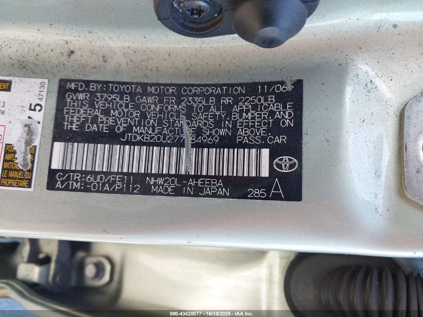 2007 Toyota Prius VIN: JTDKB20U277084969 Lot: 43420077