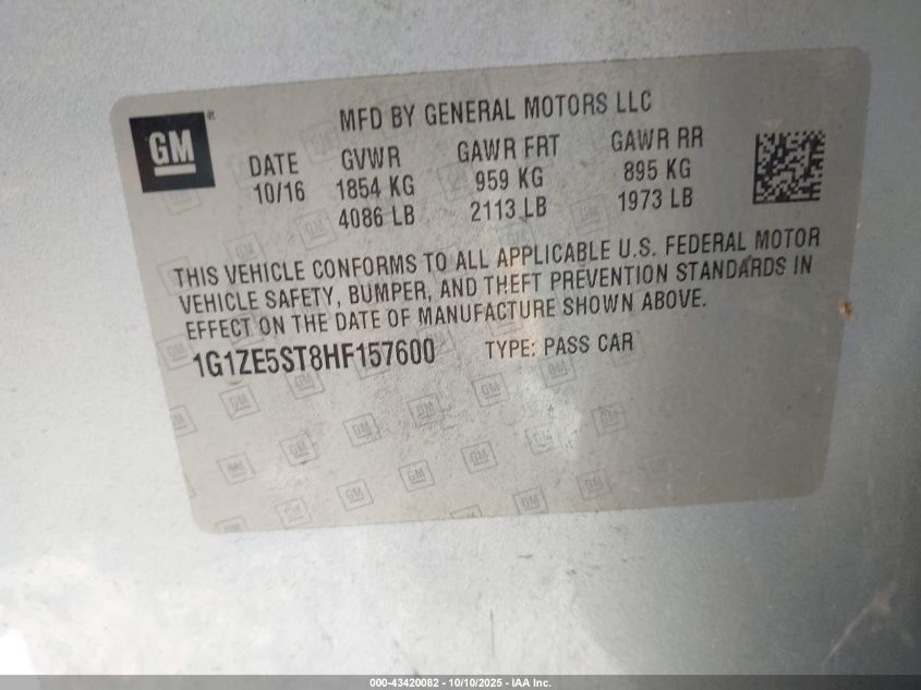 2017 Chevrolet Malibu 1Lt VIN: 1G1ZE5ST8HF157600 Lot: 43420082