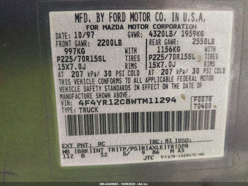 1998 Mazda B2500 Se/Sx VIN: 4F4YR12C8WTM11294 Lot: 43420083