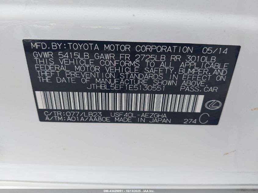 2014 Lexus Ls 460 VIN: JTHBL5EF1E5130551 Lot: 43420091