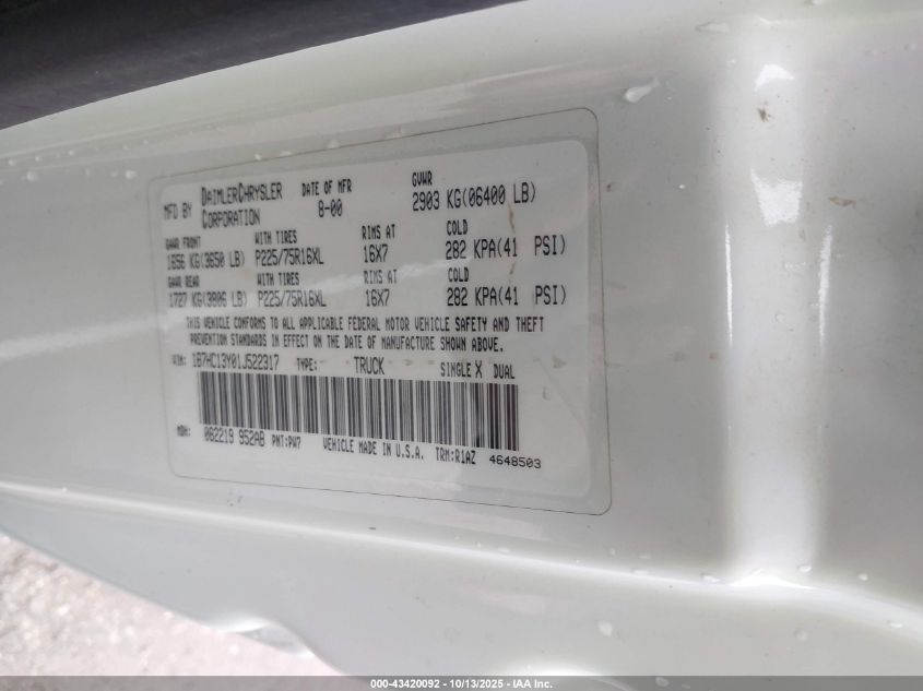 2001 Dodge Ram 1500 St VIN: 1B7HC13Y01J522317 Lot: 43420092