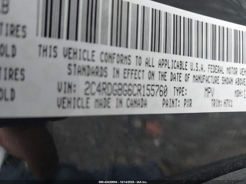 2012 Dodge Grand Caravan Se/Avp VIN: 2C4RDGBG6CR155760 Lot: 43420094