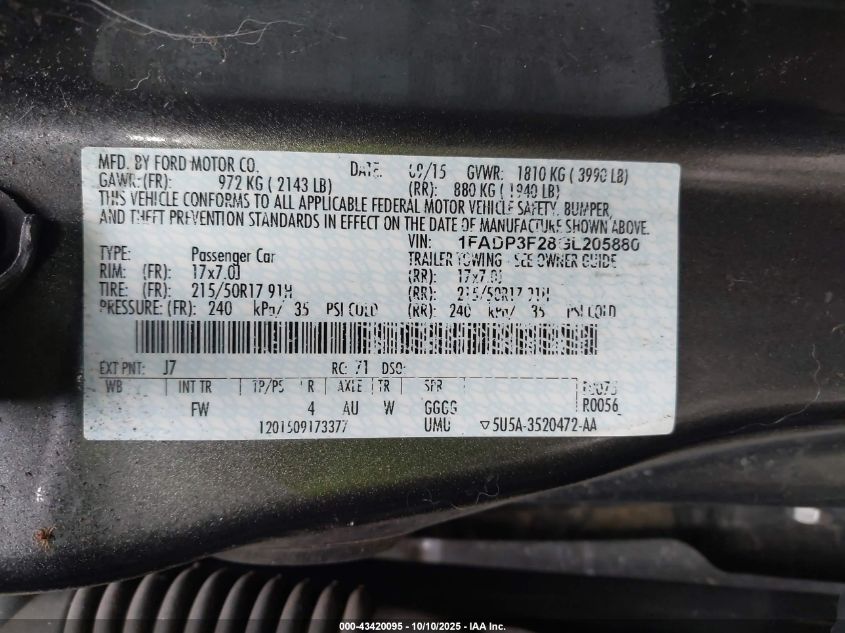 2016 Ford Focus Se VIN: 1FADP3F28GL205880 Lot: 43420095