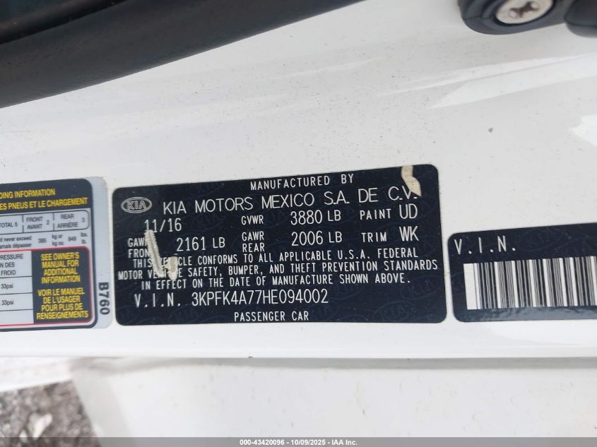 2017 Kia Forte Lx VIN: 3KPFK4A77HE094002 Lot: 43420096
