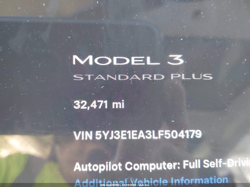 2020 Tesla Model 3 Standard Range Plus Rear-Wheel Drive/Standard Range Rear-Wheel Drive VIN: 5YJ3E1EA3LF504179 Lot: 43420098