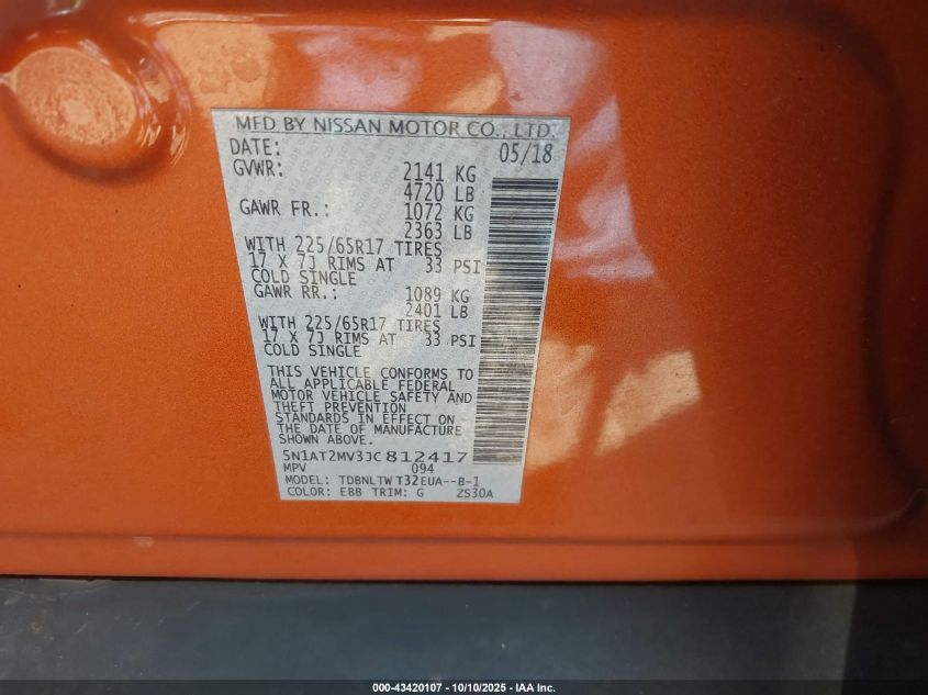 2018 Nissan Rogue Sv VIN: 5N1AT2MV3JC812417 Lot: 43420107