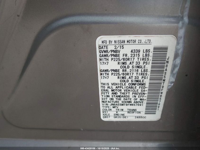 2015 Nissan Rogue Select S VIN: JN8AS5MT9FW657891 Lot: 43420108