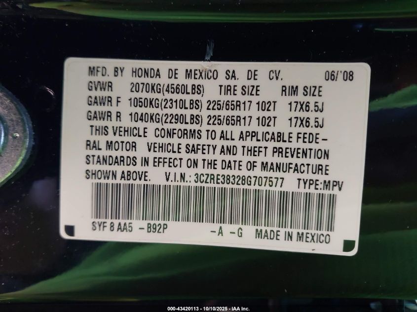 2008 Honda Cr-V Lx VIN: 3CZRE38328G707577 Lot: 43420113
