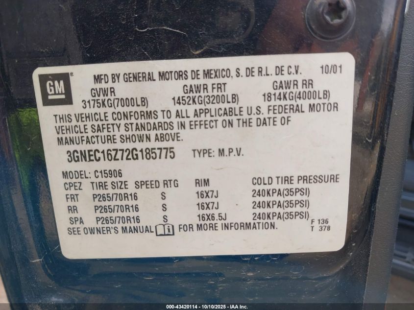 2002 Chevrolet Suburban 1500 Ls VIN: 3GNEC16Z72G185775 Lot: 43420114