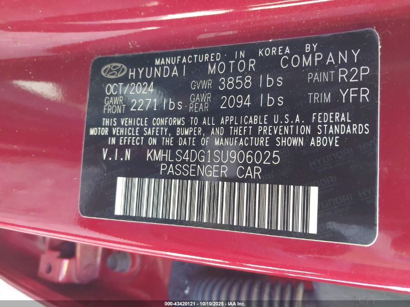 2025 Hyundai Elantra Sel Convenience VIN: KMHLS4DG1SU906025 Lot: 43420121
